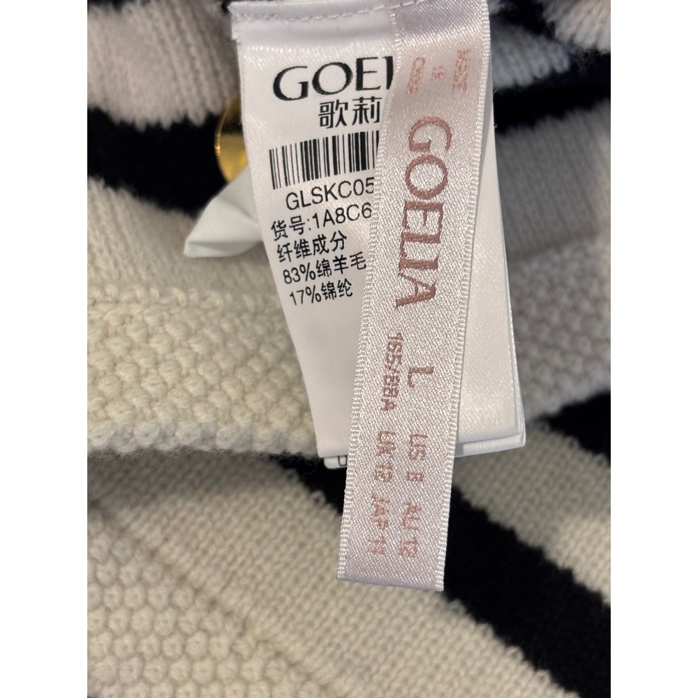 GOELIA Wool Cardigan L(8) Black White Breton Stripe Gold Button Parisian Coastal - Picture 7 of 8